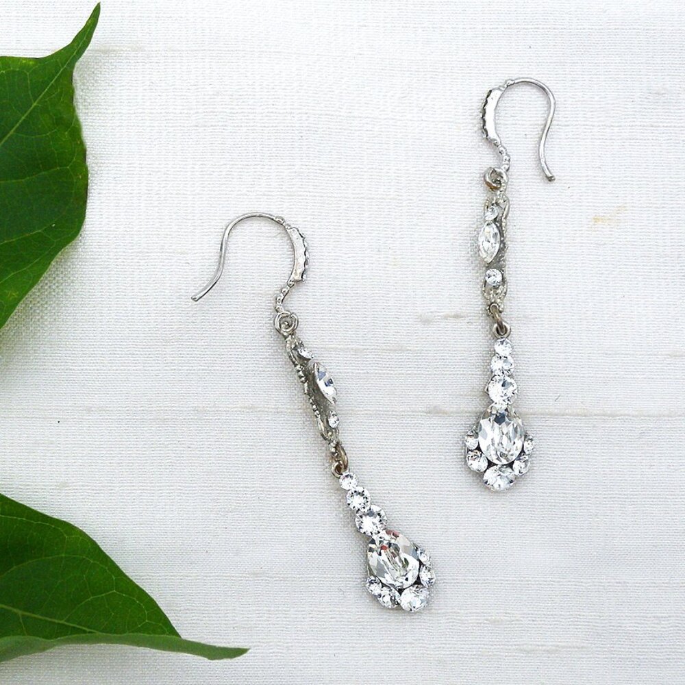Haute Bride Delicate Long Drop Earrings, Crystal, NWT
